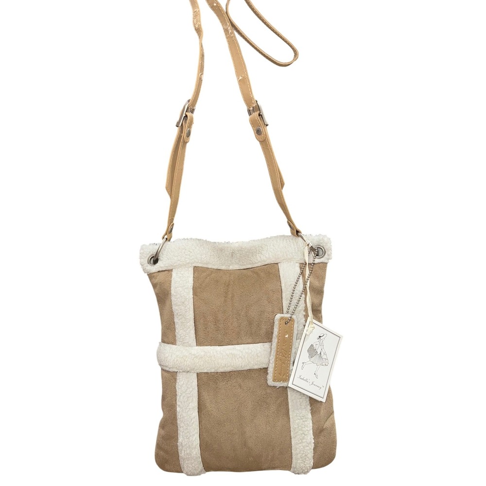 Isabellas Journey Tan Faux Suede Sherpa Trim Crossbody Bag Boho Cabincore Rustic